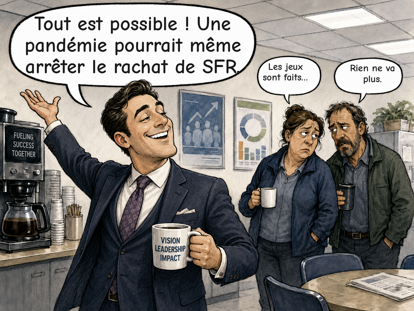 Caricature : un dirigeant à la machine à café affirme que « tout est possible », pendant que deux représentants du personnel commentent la situation comme à la roulette.