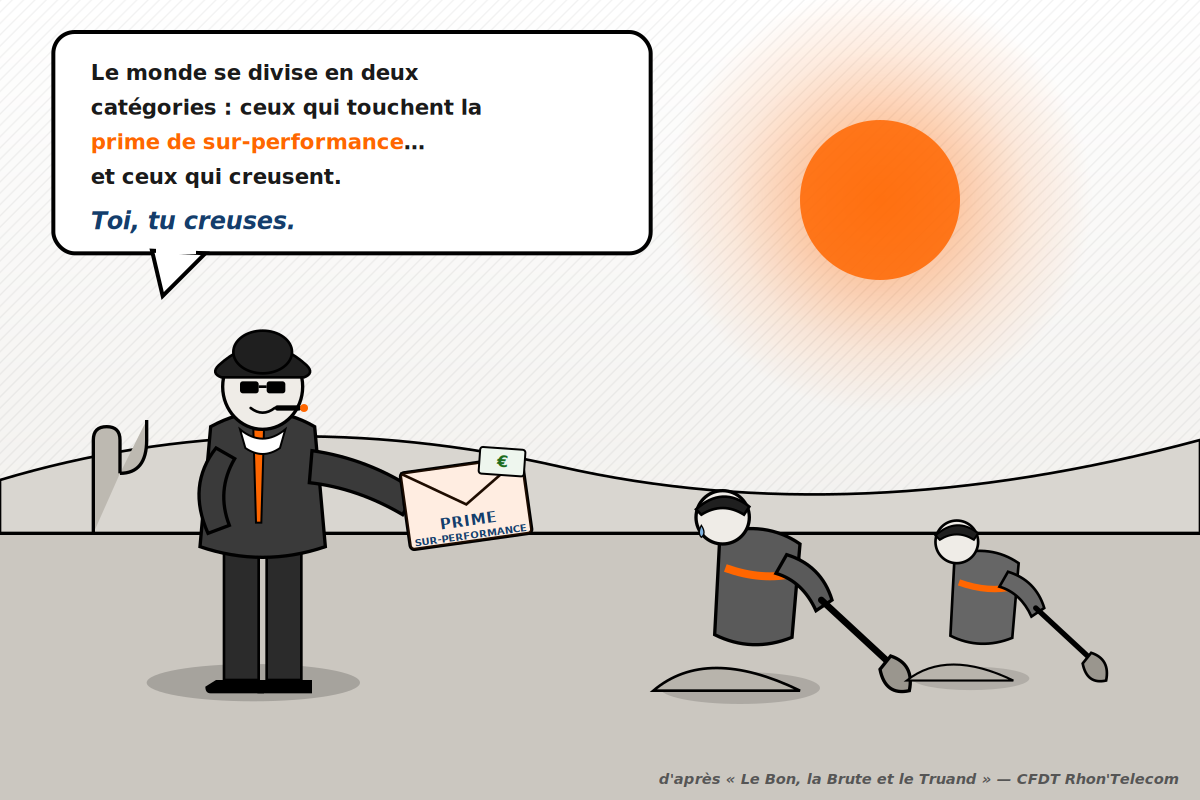 Caricature : un manager anonyme tend une enveloppe « prime de sur-performance » à des salariés qui creusent, détournement de la réplique du Bon, la Brute et le Truand