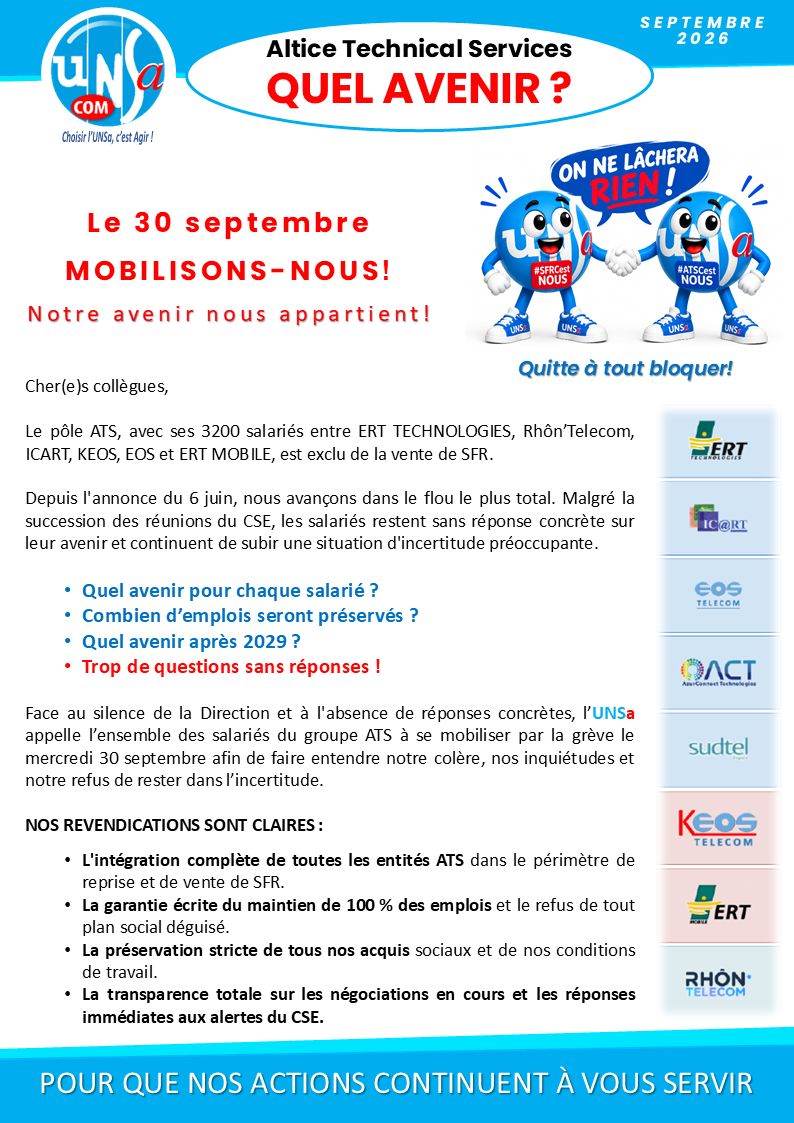 Tract de l'UNSA « Altice Technical Services — Quel avenir ? » : appel à la grève des salariés du pôle ATS le mercredi 30 septembre 2026 et quatre revendications